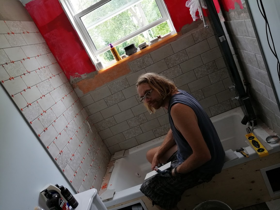 Tile installation in progress